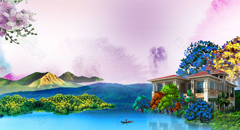 彩色唯美插画建筑美景地产背景素材