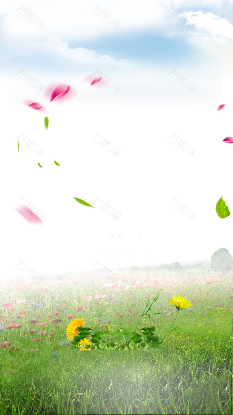 风景蓝天绿草红花背景