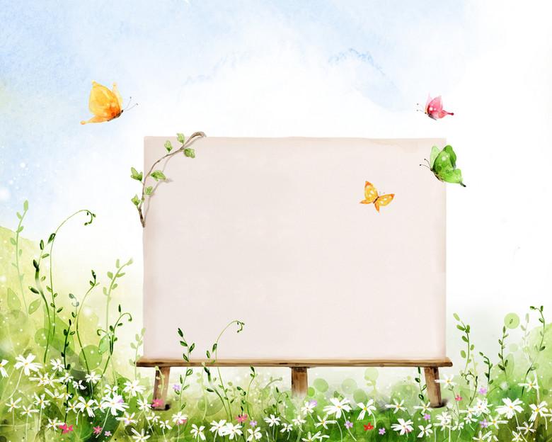 手绘绿色花草牌子背景