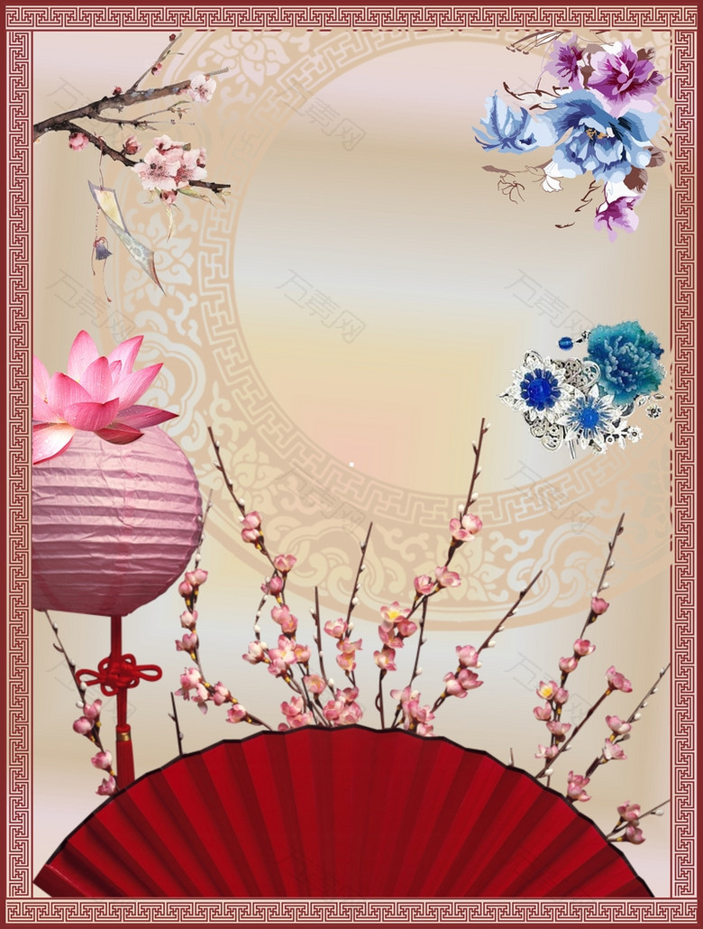 文艺红框蓝花伞背景