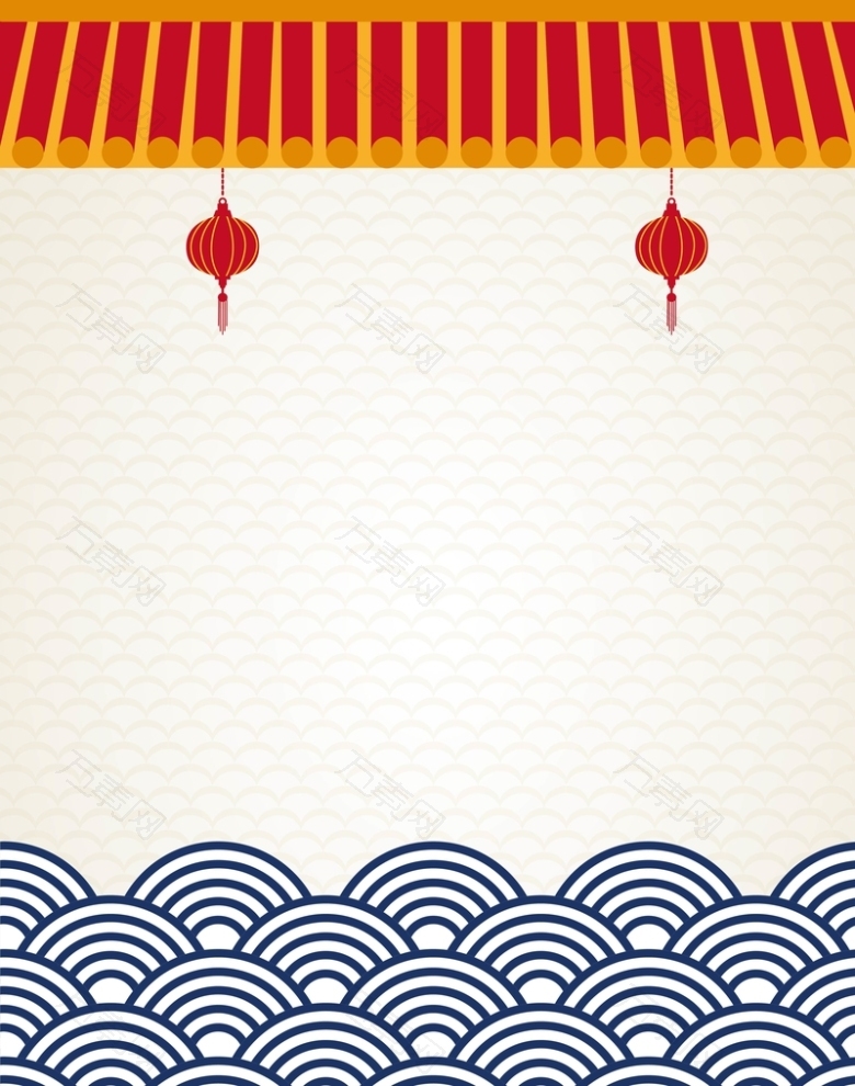 矢量中国风扁平化灯笼海水纹背景素材