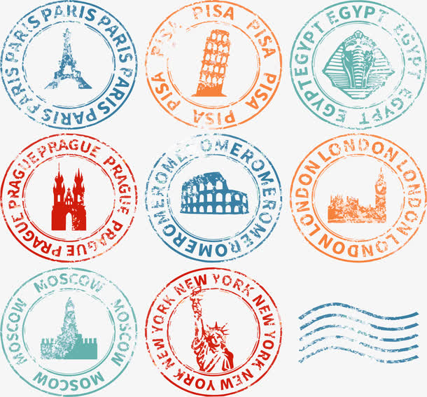 8款复古著名景点邮戳矢量素材