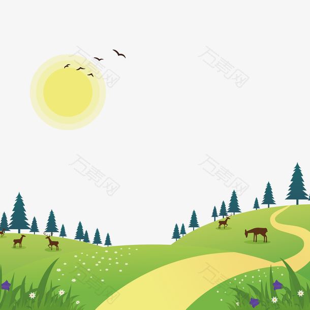 春游踏青春天郊外草原美景插画