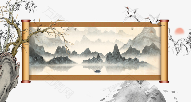 卷轴水墨山水画仙鹤远山