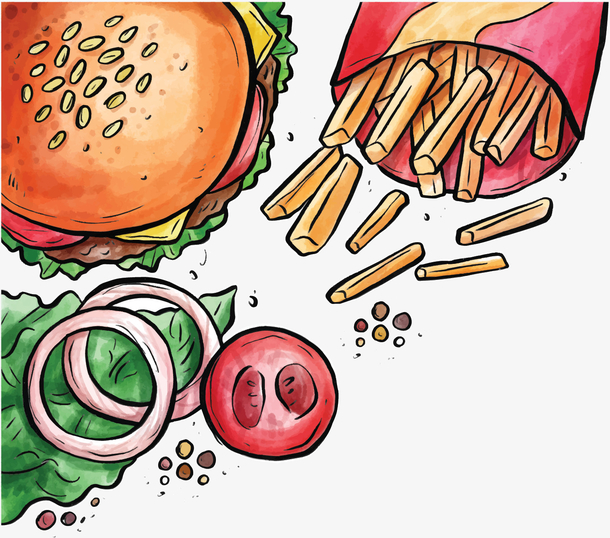 手绘风水彩汉堡薯条