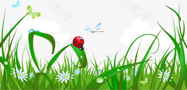 卡通草地云朵昆虫背景矢量图