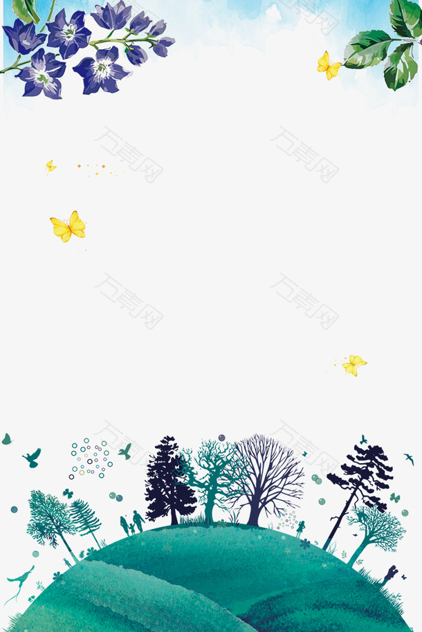 手绘画水墨画树木植物边框