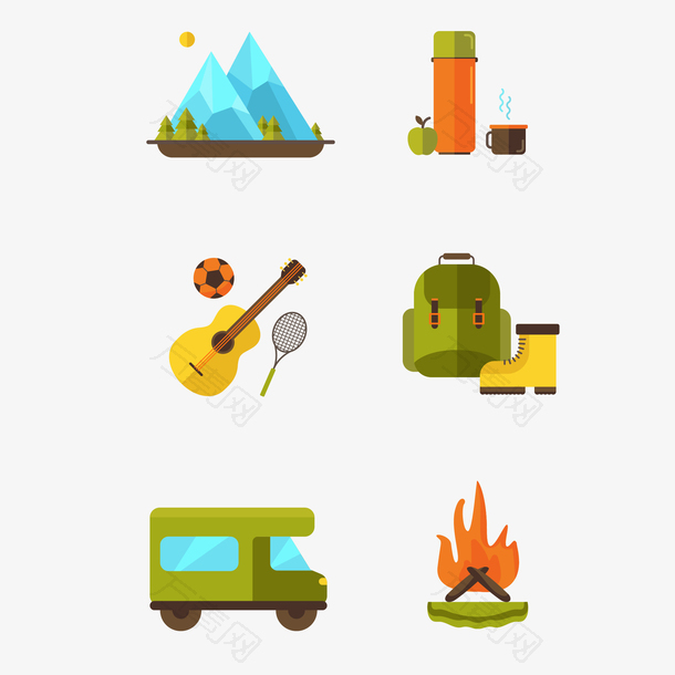 矢量青山水瓶吉他背包火车火焰