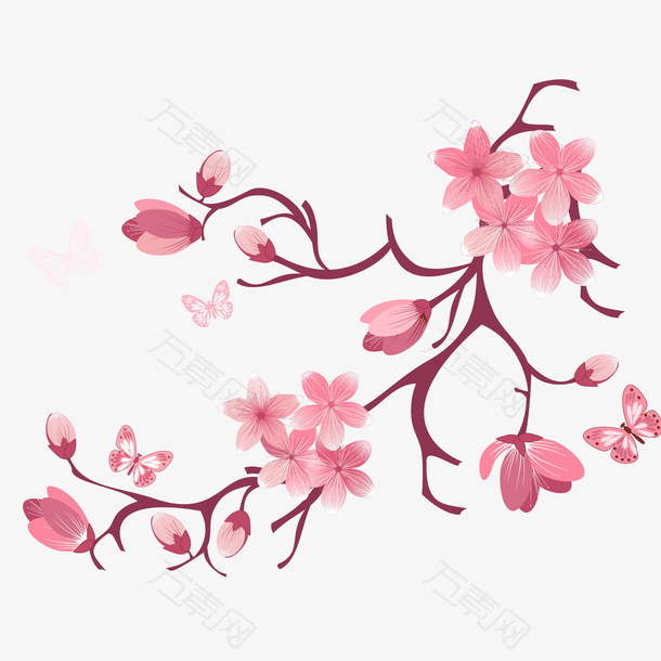 手绘矢量浪漫粉色桃花