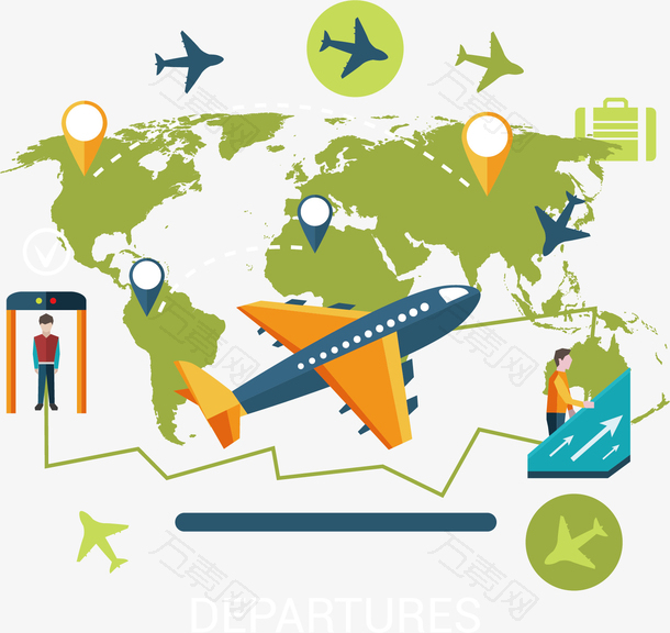 矢量图环球旅行路线图