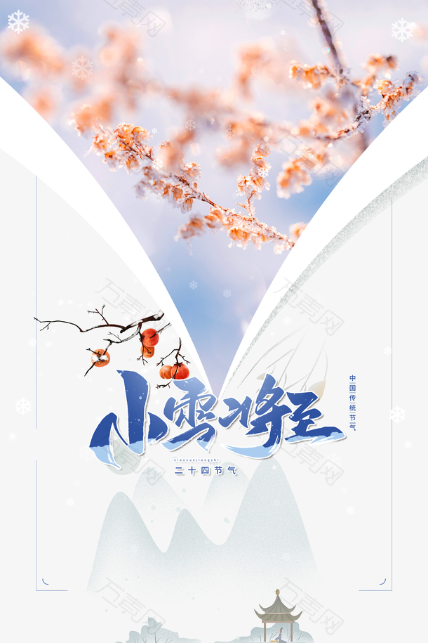 冬季小雪树枝柿子雪花二十四节气