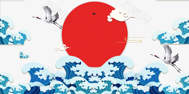 国潮元素浪花仙鹤祥云太阳
