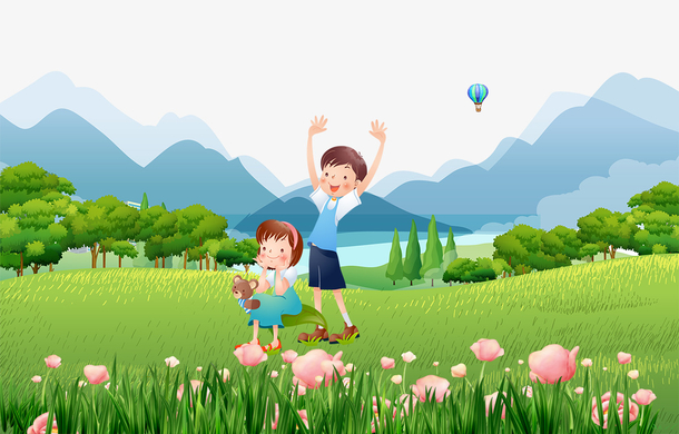免抠卡通手绘春季草地上玩耍的孩