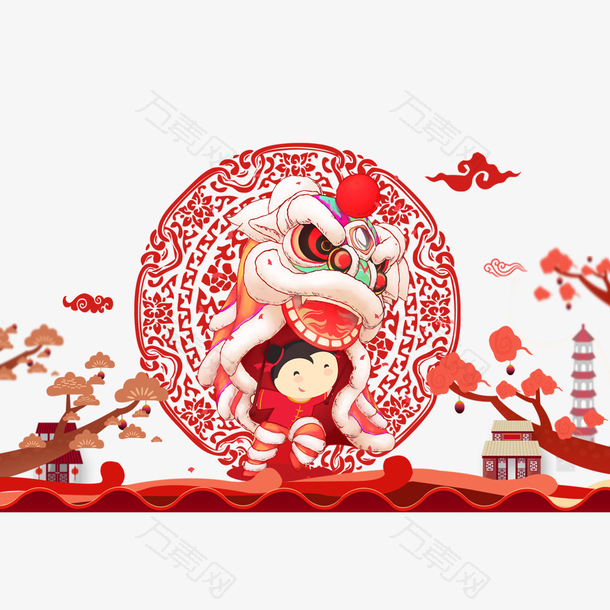 中国风舞狮祥云剪纸