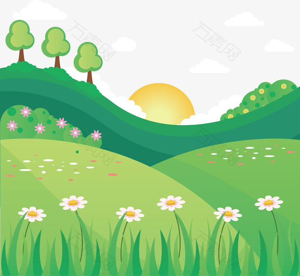绿色春季出游踏青山水花草设计素