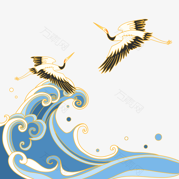 国潮海浪仙鹤元素