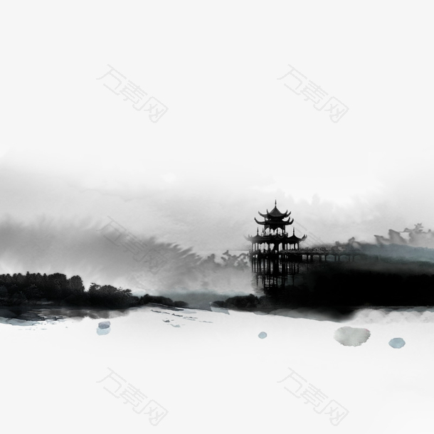 亭台山水泼墨水墨画