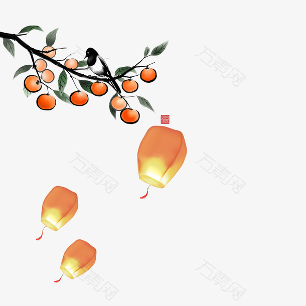 中国风古风画中秋灯笼柿树元素