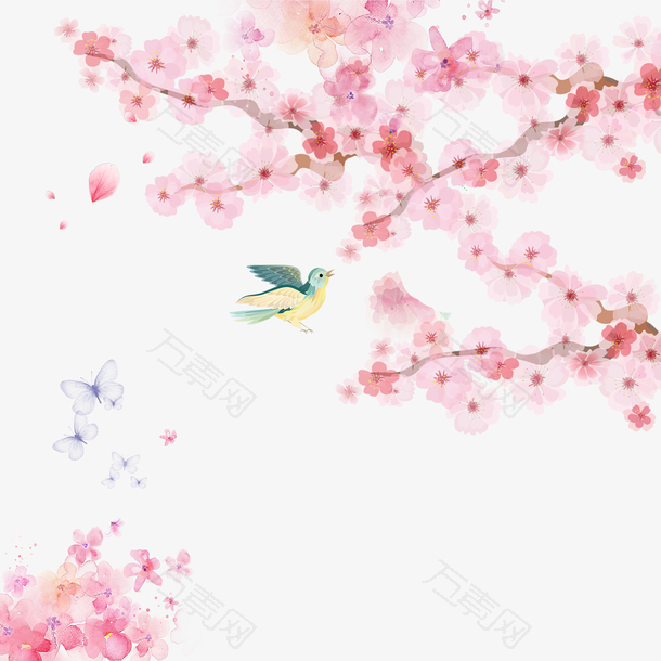 清明节水墨风桃花背景元素