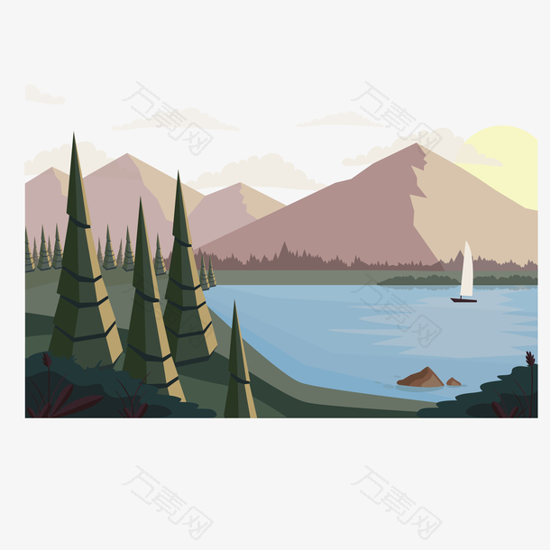 秋天风景湖泊流水矢量免抠图