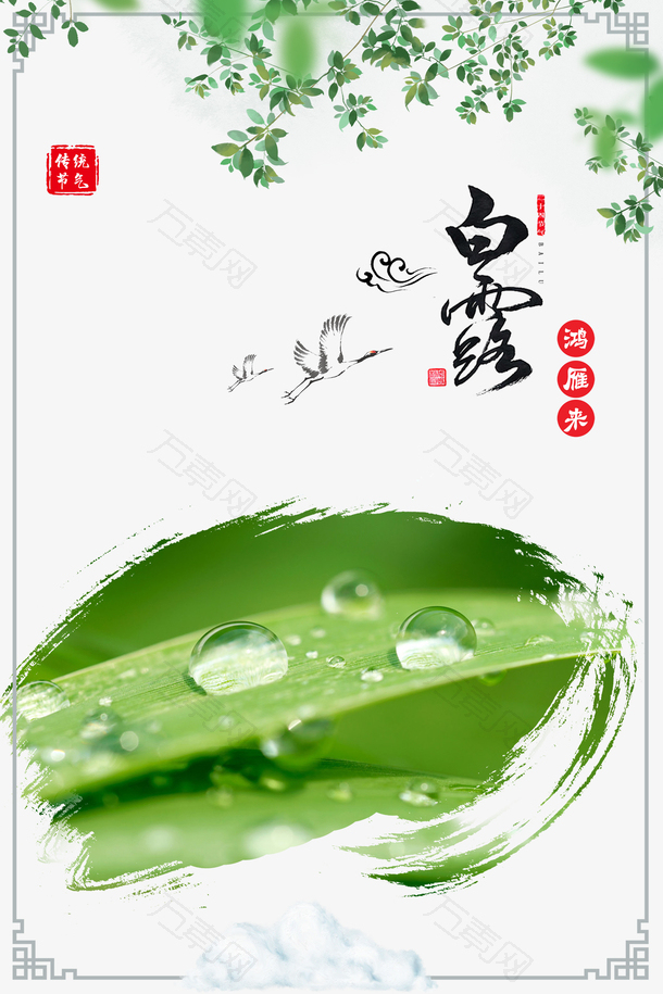 白露仙鹤祥云树枝绿叶边框