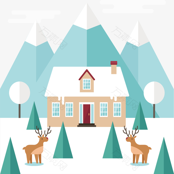 冬天雪地驯鹿小屋