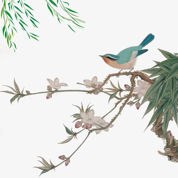 清明水墨风梅花鸟山水画