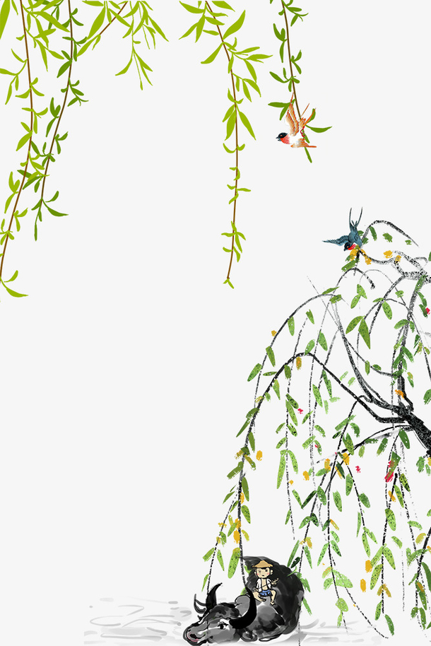 清明节水墨手绘柳枝边框