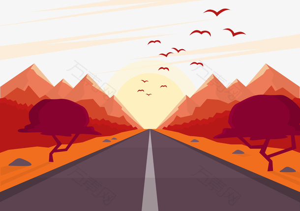 秋天路边的山峰与树木