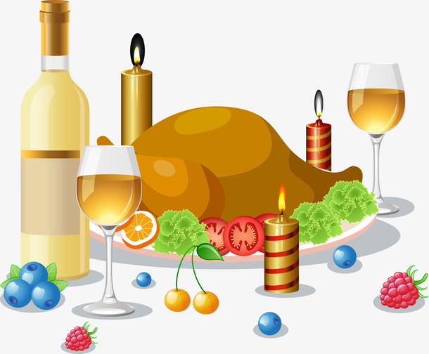 卡通手绘烤鸭酒瓶酒杯晚餐