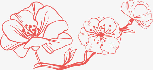 矢量线描桃花花枝花瓣素材