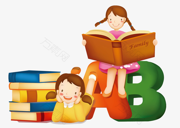 卡通女孩看书书本AB