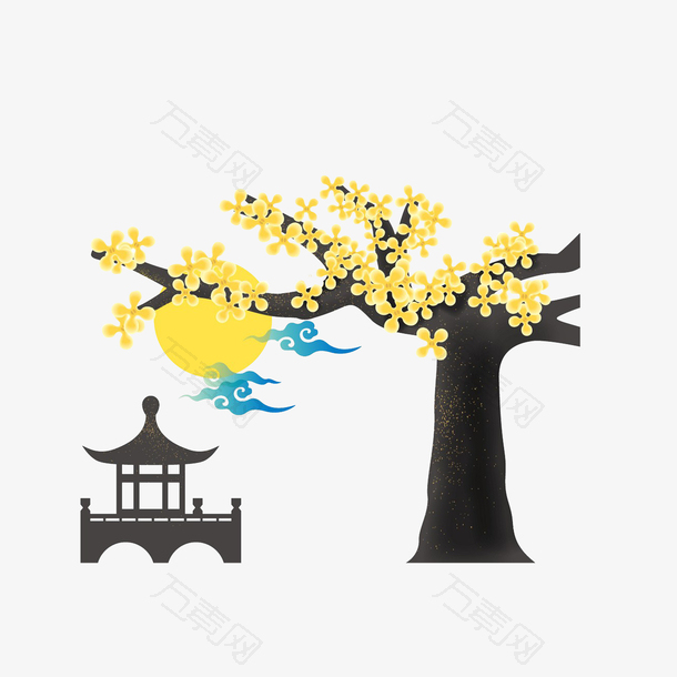 卡通桂花树下的凉亭素材