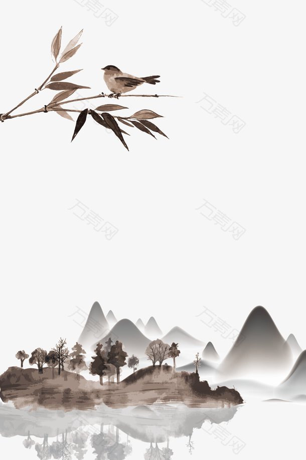 水墨元素竹枝鸟山水元素