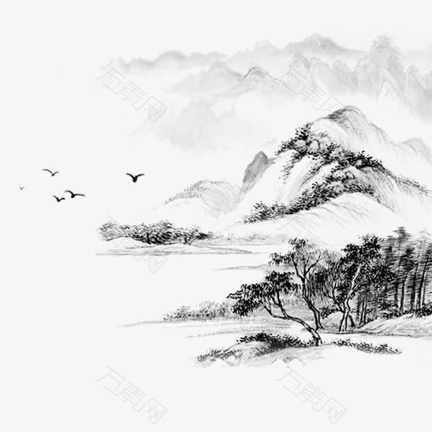 清明节水墨风山水背景元素