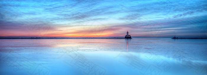 唯美夕阳大海灯塔背景