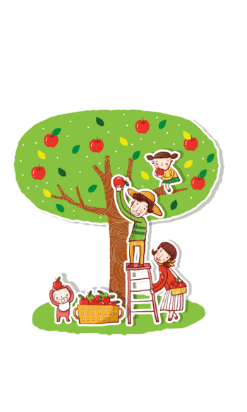 摘苹果一家人卡通手绘