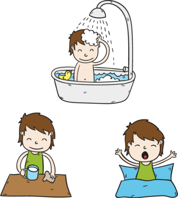 起床洗澡喝茶的小男孩