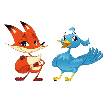 蓝色的羽毛的小鸟和红色的狐狸