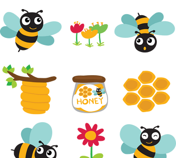 矢量手绘卡通蜜蜂和蜂蜜