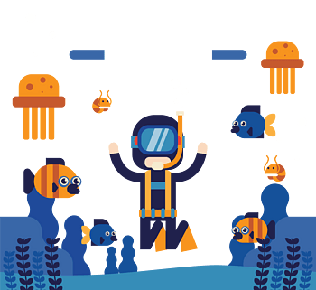 矢量海洋海底和卡通潜水员