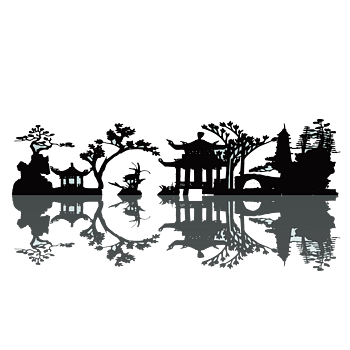 中国风水墨画园林水面倒影素材