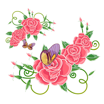 红色玫瑰花飞舞的蝴蝶