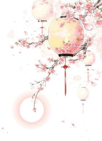 水彩手绘古风桃树灯笼