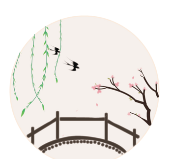 中国风柳叶桃花小桥矢量