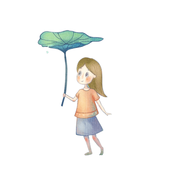 手拿水墨荷叶的小女孩