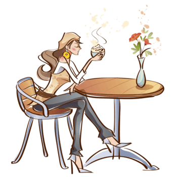 手绘美女喝咖啡插画图片
