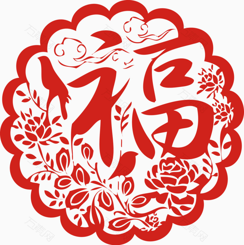 喜鹊呜福字剪纸新年花边装饰 节日元素 87 93px 编号 Png格式 万素网