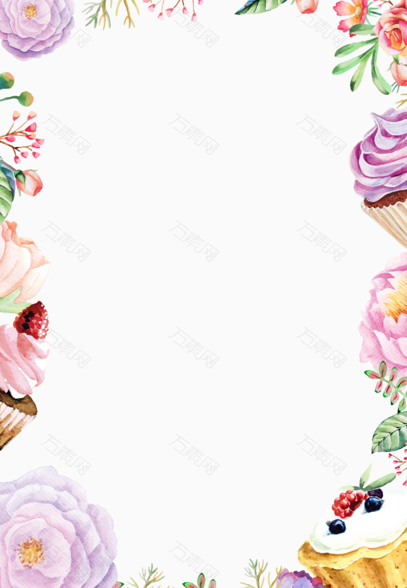 水彩花朵蛋糕背景边框免抠元素图片 元素素材 万素网