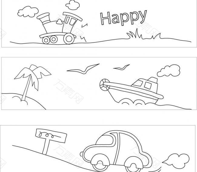 手绘插画火车油轮轮船小汽车图片
